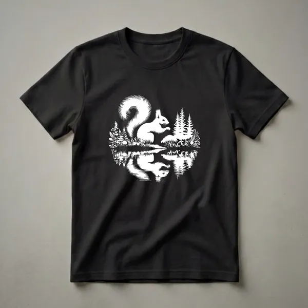 White graphic t-shirt featuring a squirrel in a forest scene with pine trees and ferns, reflected in water.