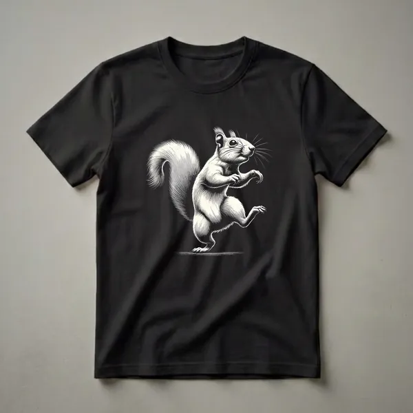 White dancing squirrel graphic t-shirt with intricate scratchboard art style, set against a black background.