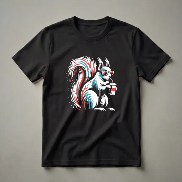 Black t-shirt with a graphic of a white squirrel wearing sunglasses and drinking coffee, rendered in a drip-art style with red and blue accents.