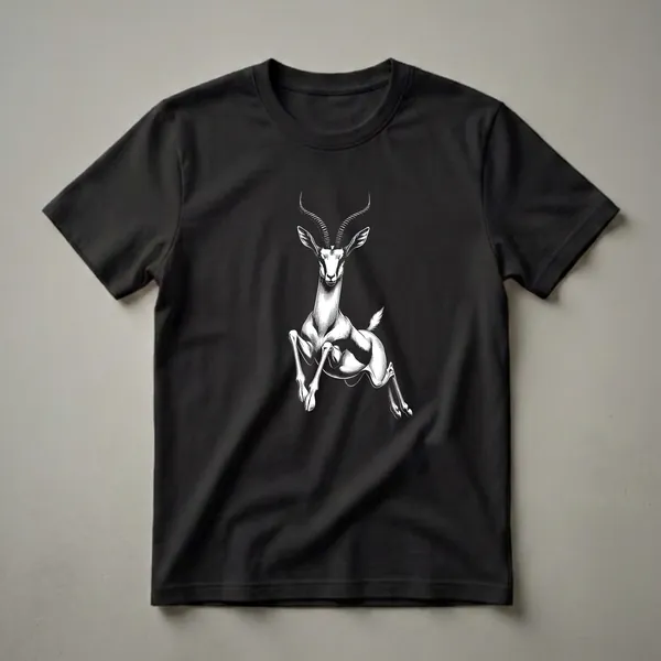 Black and white graphic t-shirt featuring a detailed illustration of a gazelle leaping dynamically against a black background.