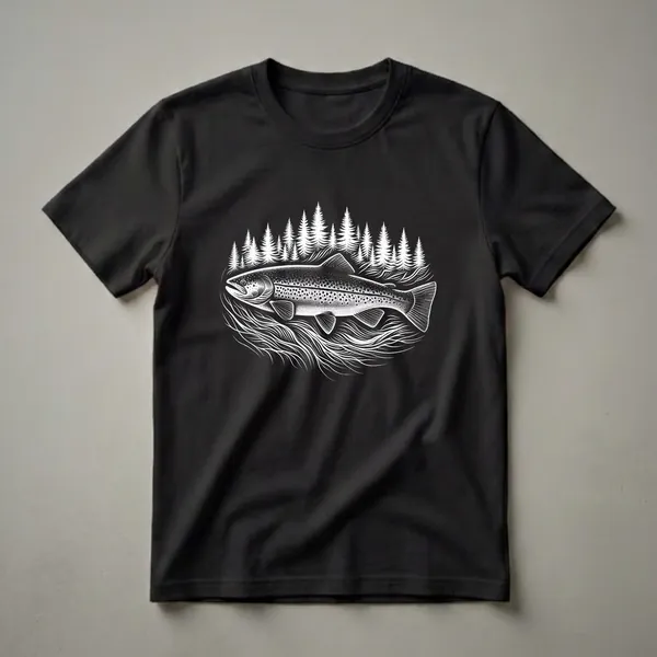 Black t-shirt with a white graphic design of a trout swimming in water, with a background of pine trees.