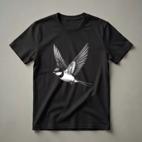Black and white illustration of a swallow bird in flight, with wings spread wide, on a black t-shirt.