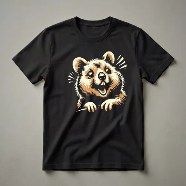 Black t-shirt with a graphic illustration of a smiling quokka peeking from the bottom, rendered in tan and cream colors with a black background.