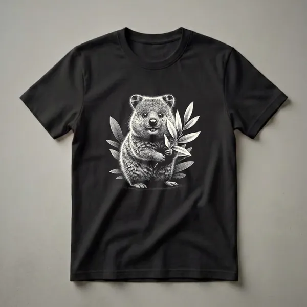Black and white graphic art t-shirt featuring a quokka holding a leafy branch, with detailed fur texture and a black background.