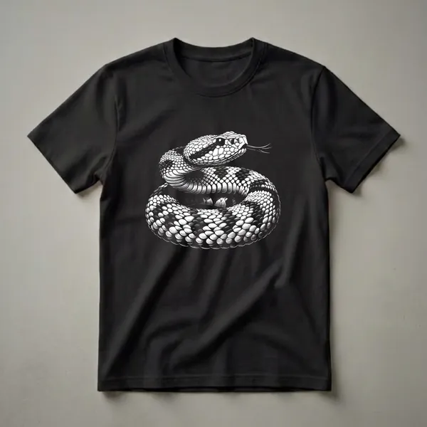 Black and white graphic t-shirt featuring a detailed illustration of a coiled rattlesnake with its tongue flicking, set against a black background.