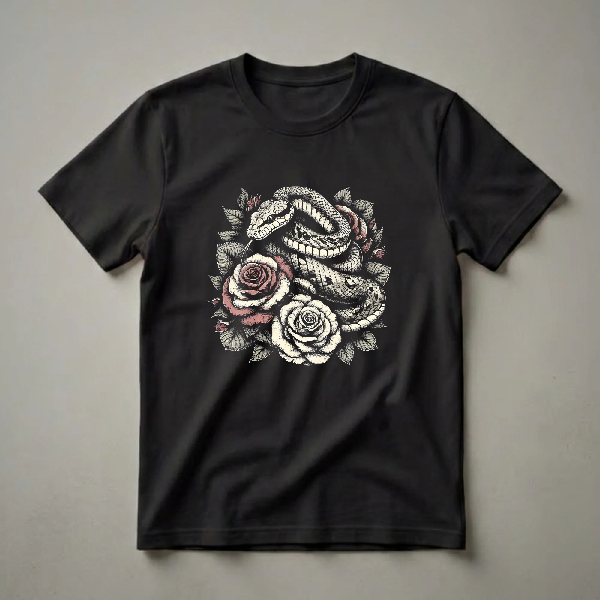 Black t-shirt featuring a graphic design of a coiled snake surrounded by detailed roses and leaves in shades of cream, grey, and muted red.