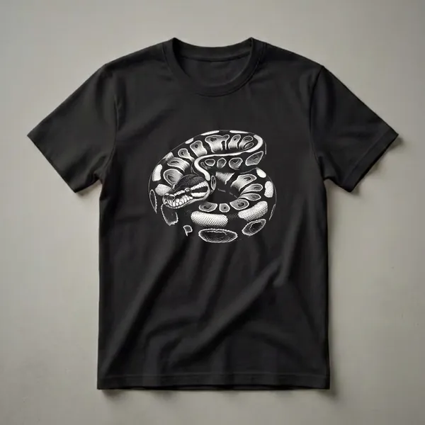 Black and white graphic art t-shirt featuring a detailed illustration of a Ball Python snake coiled in a circle against a black background.