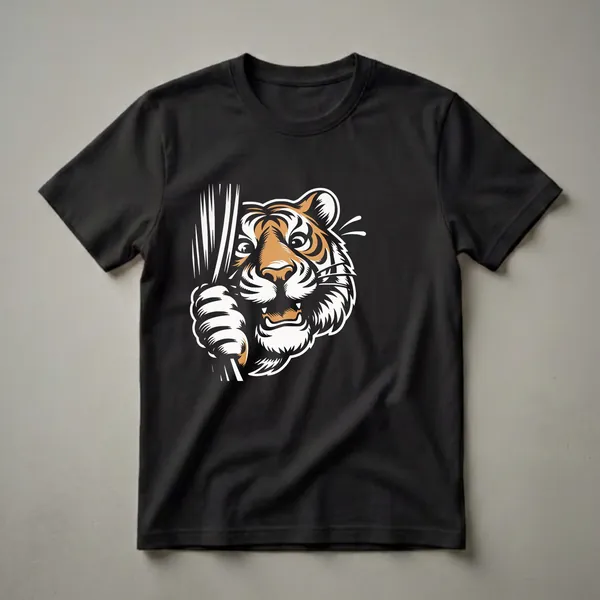 Black t-shirt with a graphic of a tiger's face peeking from behind white vertical stripes, showing its eyes, nose, mouth, and paw.