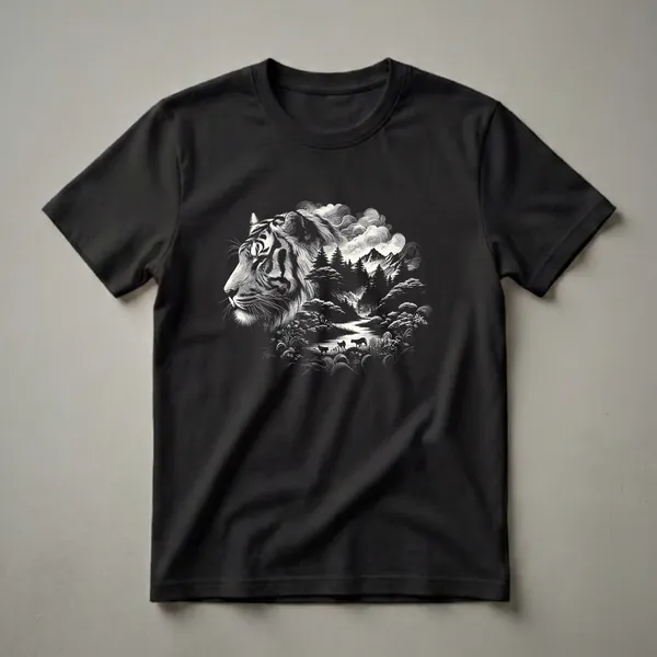 Black and white graphic t-shirt featuring a detailed linework illustration of a tiger's head transitioning into a forest scene with a river, pine trees, mountains, and clouds.