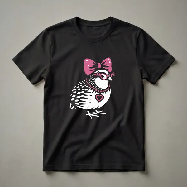 Black t-shirt featuring a white and black graphic of a quail wearing a pink bow, pink heart-shaped glasses, and a pink beaded necklace with a heart pendant.