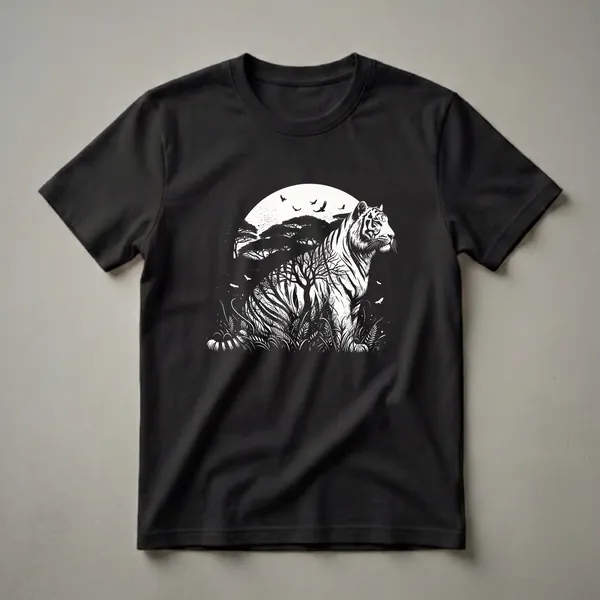 Black and white graphic t-shirt featuring a tiger sitting in tall grass with silhouetted trees and birds flying against a large moon.