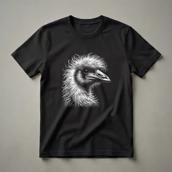 Black and white line art graphic t-shirt featuring a detailed close-up portrait of an emu's head with intricate feather details.