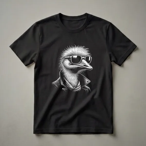 Black and white graphic t-shirt featuring a close-up of an emu's head wearing aviator sunglasses and a collared leather jacket, with detailed feather and fur texture.