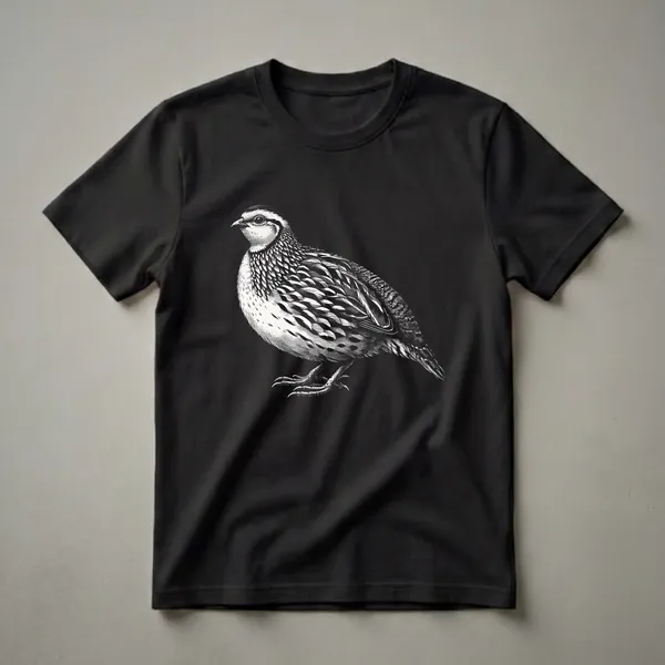 Black and white illustration of a quail bird, shown in profile with intricate feather detail, on a black background.