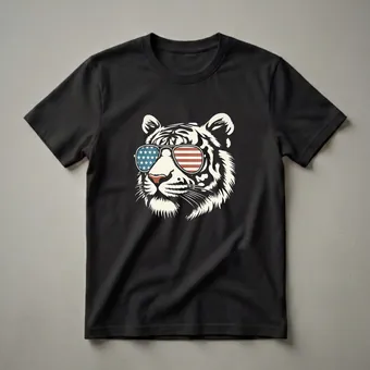 American Flag Tiger Head Sunglasses Graphic T-Shirt for Patriots