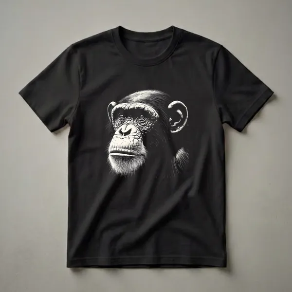 Black and white graphic t-shirt featuring a detailed illustration of a bonobo's face, with expressive eyes and textured skin against a black background.
