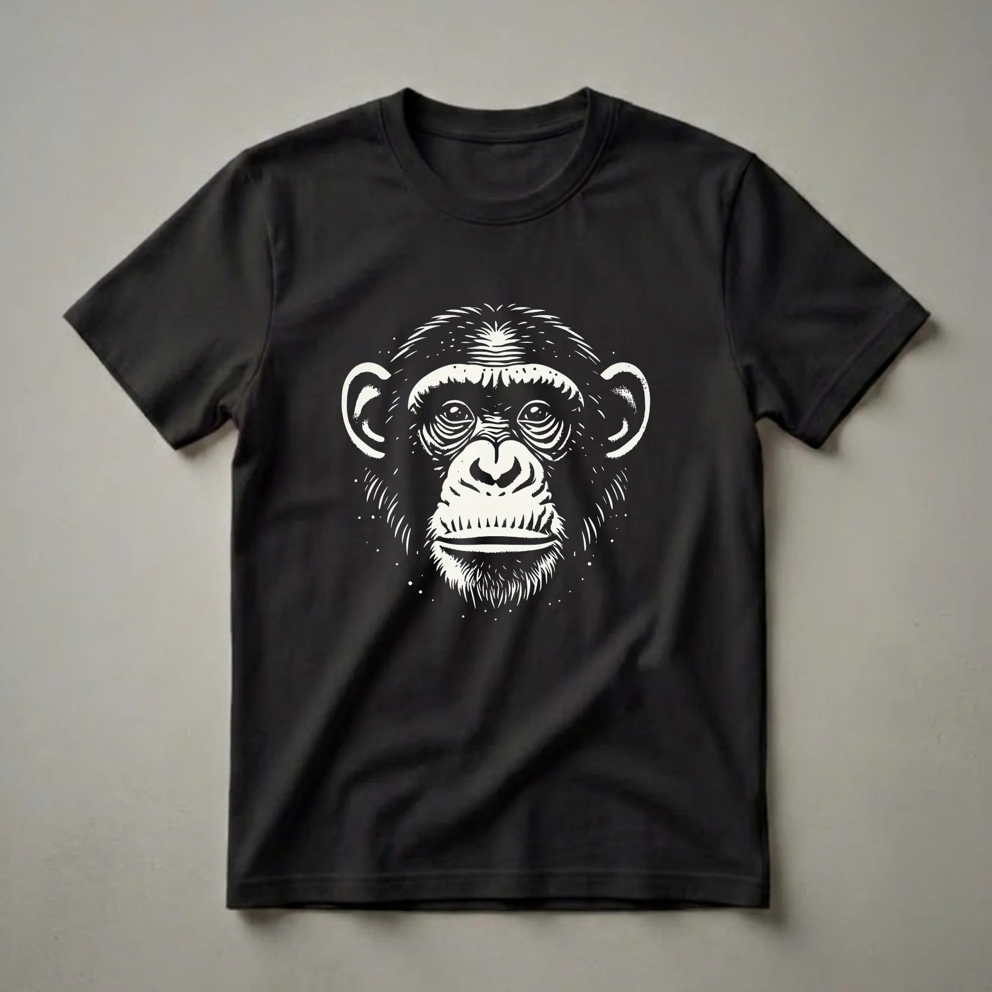 Black t-shirt with a cream-colored graphic illustration of a bonobo's face, featuring detailed linework for eyes, nose, ears, and fur.
