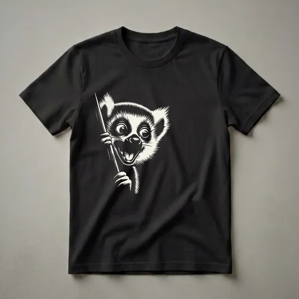 A cream-colored graphic illustration of a lemur with a wide, open-mouthed grin and large eyes, peeking from behind a vertical object against a black background.