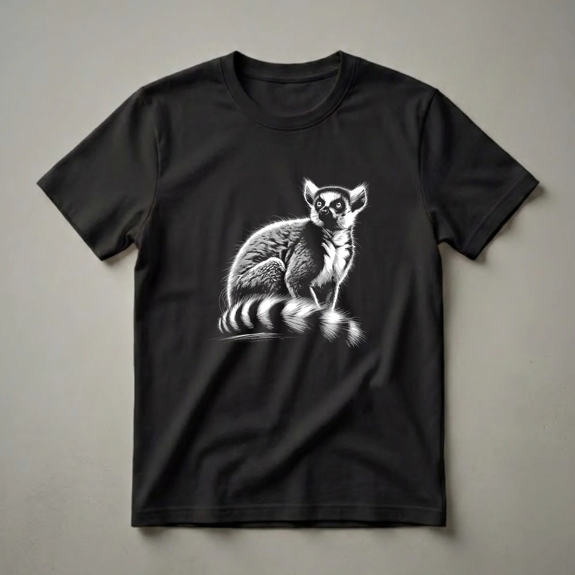 Black and white scratchboard graphic t-shirt featuring a ring-tailed lemur sitting with its iconic striped tail curled around it.