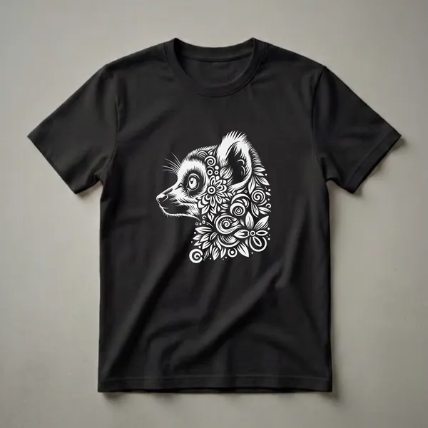 White graphic of a lemur's head filled with floral and swirling patterns, presented on a black t-shirt.