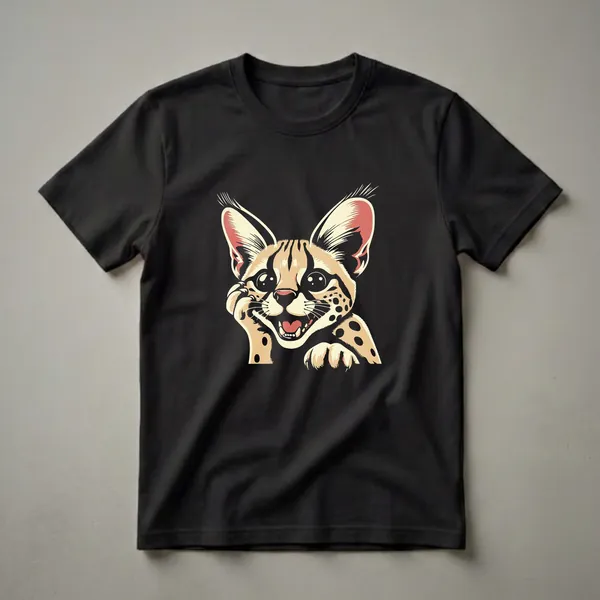 Black t-shirt featuring a retro graphic of a serval cat's face with large ears, big eyes, and an open mouth, rendered in cream, red, and black.