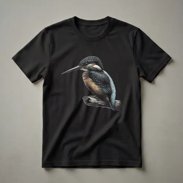 Black t-shirt featuring a detailed scratchboard illustration of a kingfisher perched on a wooden branch, with intricate feather details and a dark background.