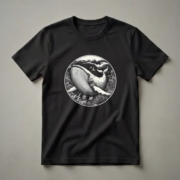 Black and white graphic t-shirt featuring a humpback whale swimming underwater with waves above and coral below, enclosed in a circular frame.