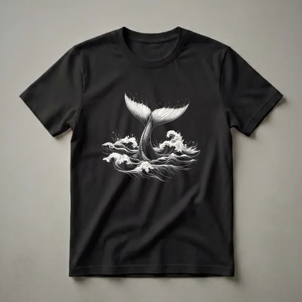 Black t-shirt with a white, detailed illustration of a whale's tail fluke rising from stylized, crashing ocean waves.