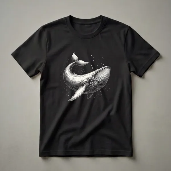 Black t-shirt with a detailed, black and white engraving-style illustration of a humpback whale swimming amidst a field of white stars.