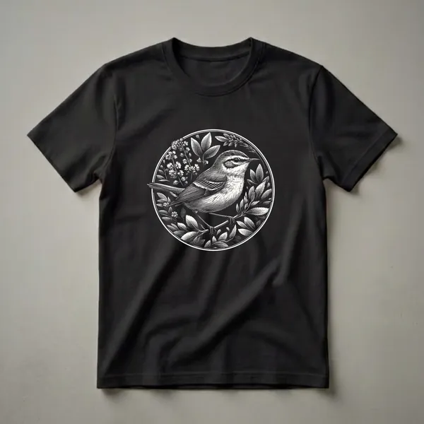 Black and white vintage illustration of a mosquito bird perched on a branch, surrounded by leaves and small flowers within a circular frame, on a black t-shirt.