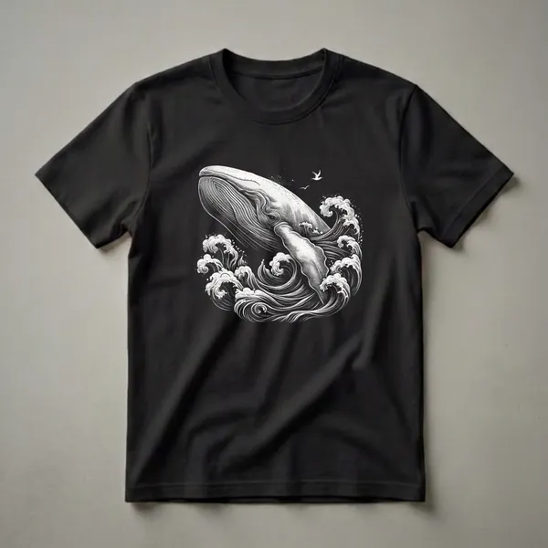 Black t-shirt with a white graphic design of a humpback whale breaching through stylized waves, with two birds flying in the background.