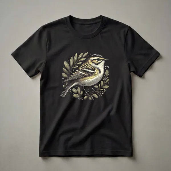 Black t-shirt with a detailed gold and brown graphic of a warbler bird perched within a circular wreath of leaves and small flowers.