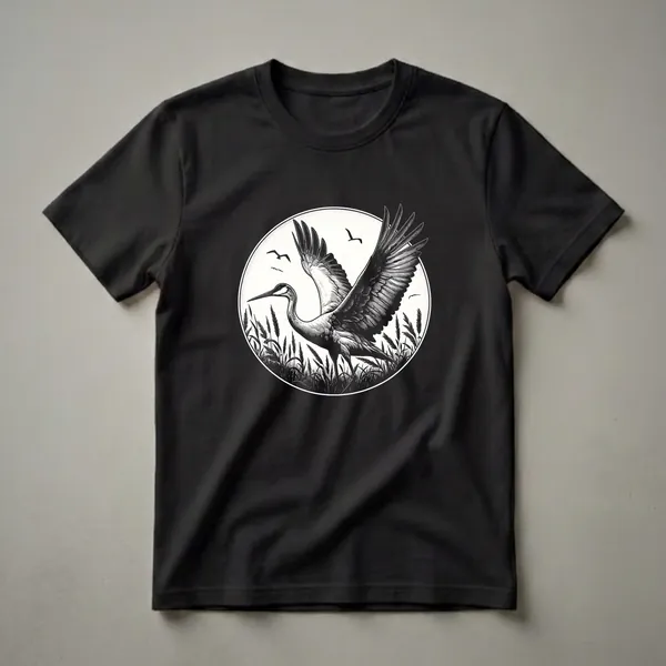Black and white graphic t-shirt featuring a vintage illustration of a Sandhill Crane in flight, with reeds and smaller birds in the background, set within an oval.