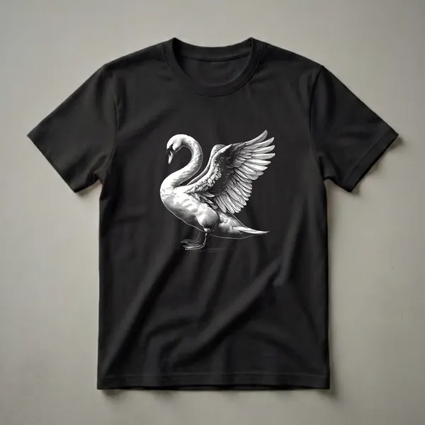 Black graphic t-shirt featuring a detailed vintage engraving of a white swan with its wings spread against a black background.