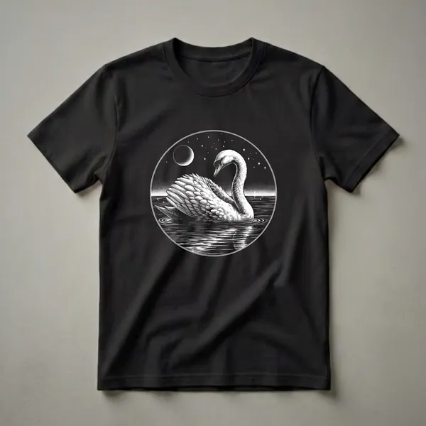 Black and white graphic t-shirt featuring a vintage engraving of a swan swimming on water under a crescent moon and starry night sky.