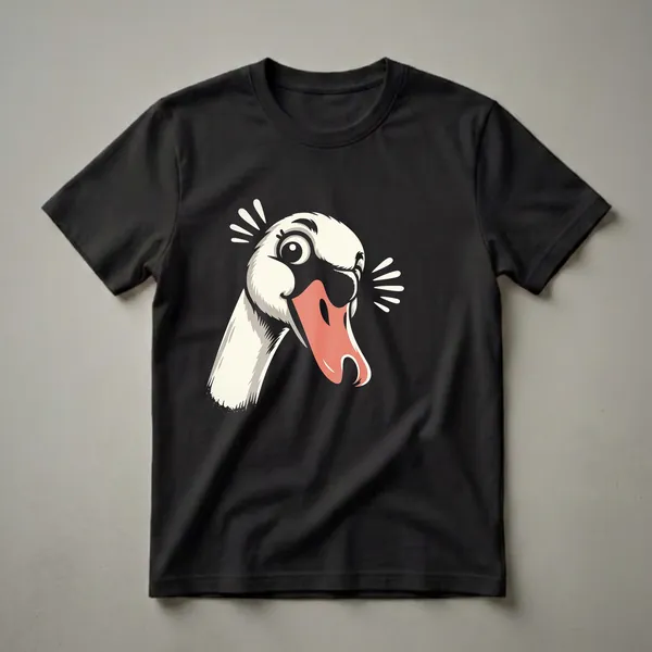 Black t-shirt featuring a graphic illustration of a cream-colored swan's head with a large coral beak and wide, surprised eyes, with white radiating lines on the side.