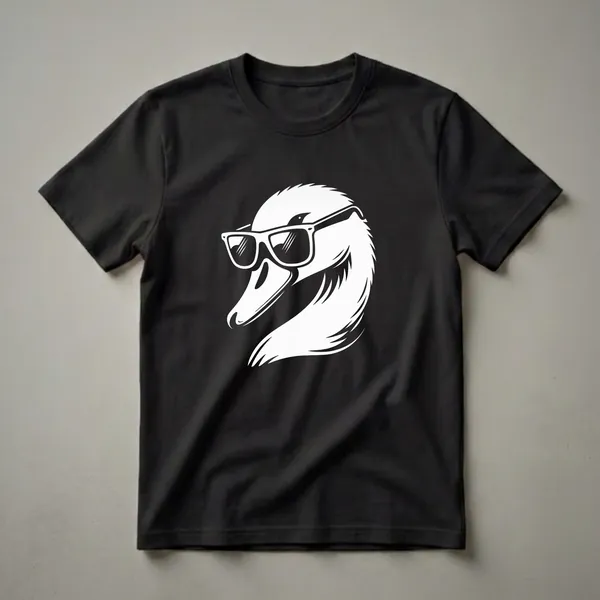 White graphic of a swan wearing black sunglasses, depicted on a black t-shirt, with the swan's head facing forward.