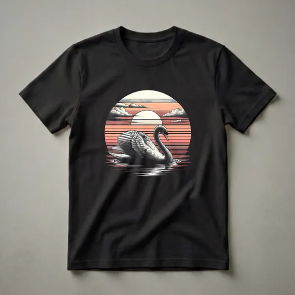 Black swan swimming in water against a retro sunset with clouds and a stylized sun, printed on a black t-shirt.