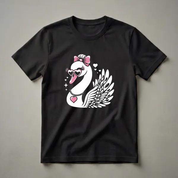 White graphic t-shirt featuring a stylized swan wearing a pink bow, heart sunglasses, and a pink heart pendant necklace, with small white hearts and stars.