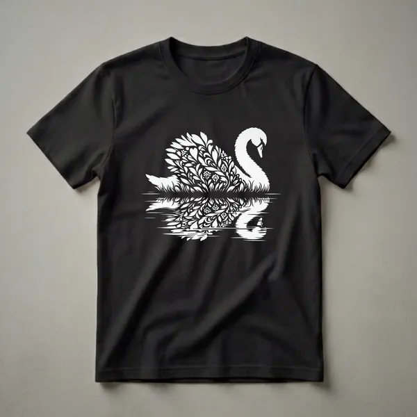 White graphic t-shirt featuring a swan with a body composed of intricate floral and leaf patterns, reflected in stylized water.