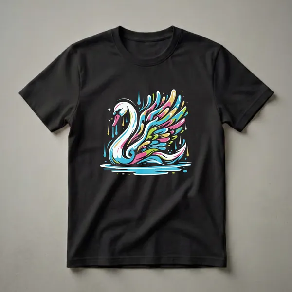 Black t-shirt featuring a white swan with abstract, colorful wings in pink, blue, green, and yellow, with blue water at the bottom.