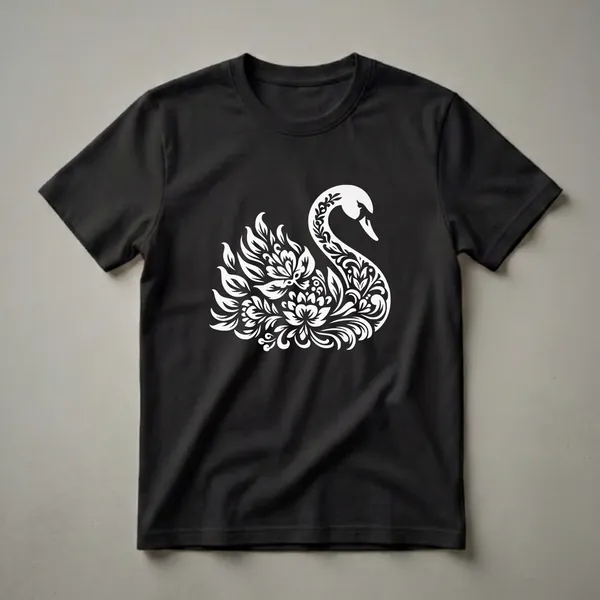 White floral swan graphic design on a black t-shirt, featuring intricate flower and leaf patterns forming the swan's body and wings.