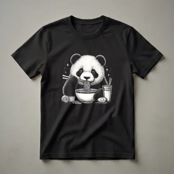 Black and white graphic t-shirt featuring a cute panda eating ramen noodles with chopsticks, a bowl of noodles, a glass, and scattered stars on a black background.