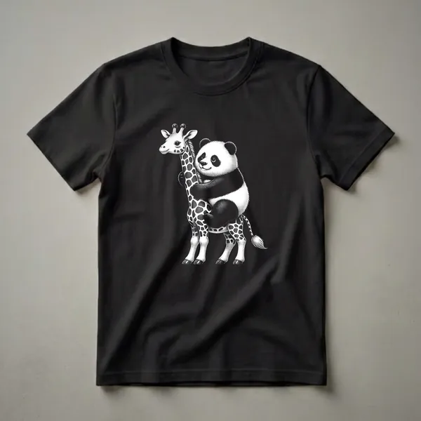 Black and white graphic t-shirt featuring a cute panda hugging the neck of a giraffe, with both animals looking forward.