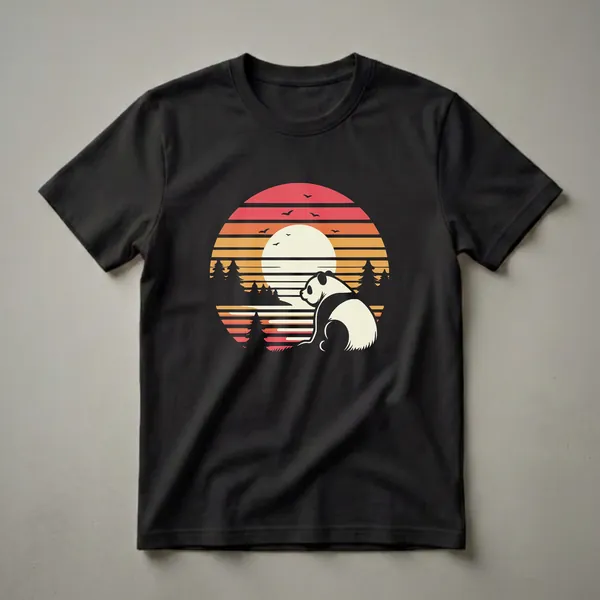 Black graphic t-shirt featuring a retro sunset design with a panda silhouette sitting in front of pine trees.