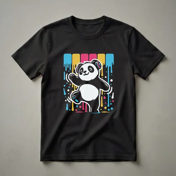 Black t-shirt with a graphic of a white and black panda dancing with headphones on, set against a background of colorful dripping paint in blue, pink, and yellow.