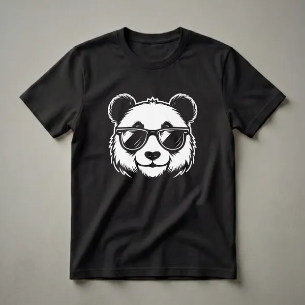 White graphic of a panda wearing black sunglasses against a black background, featuring the panda's face with detailed fur texture and reflective lenses.