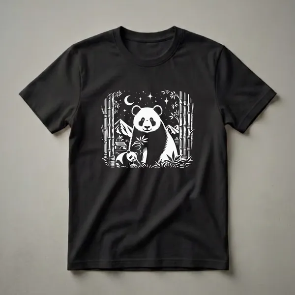 Black t-shirt with a white graphic design of a mother panda and cub in a bamboo forest at night, with mountains and a crescent moon in the background.