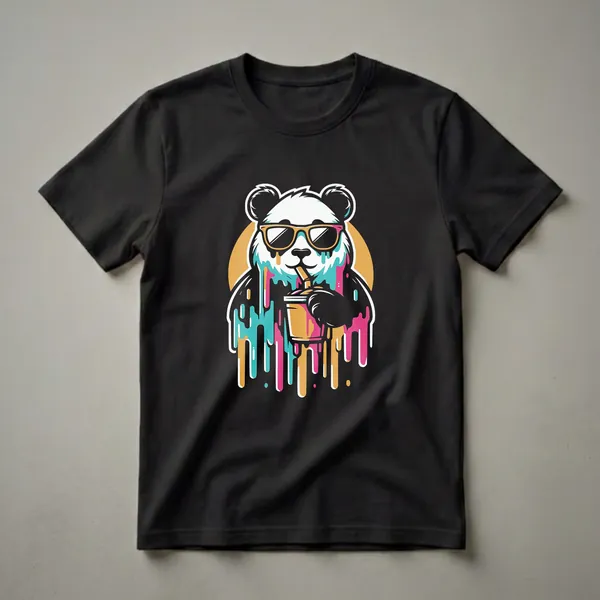 Black t-shirt featuring a stylized panda wearing sunglasses and drinking from a cup, with colorful teal, pink, and gold paint dripping down.
