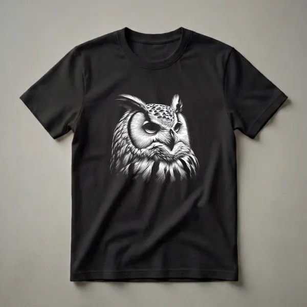Black and white scratchboard graphic t-shirt featuring the detailed face of a Great Horned Owl with intense eyes and textured feathers against a black background.